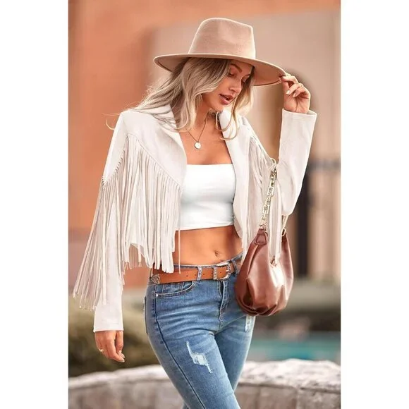 Women's : Beige Fringe Faux Suede Leather Tassel Motorcycle Cropped Jackets - Picture 7 of 9